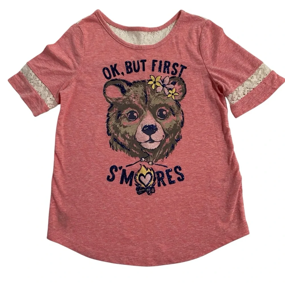 JUSTICE T-Shirt Top Size 7 Lace Pink Sparkle Bear S’mores Graphic Short Sleeve